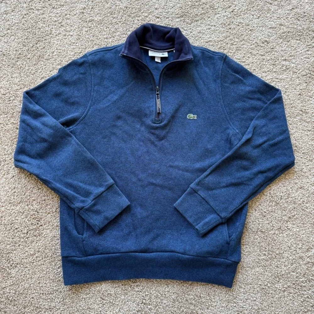 Lacoste Quarter Zip Pullover Men Small Blue Heathered Cotton Blend Sweater